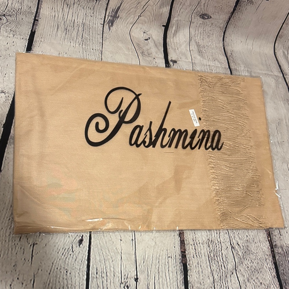 New Tan Pashmina Silk Blend Scarf - wrap with fringe detail